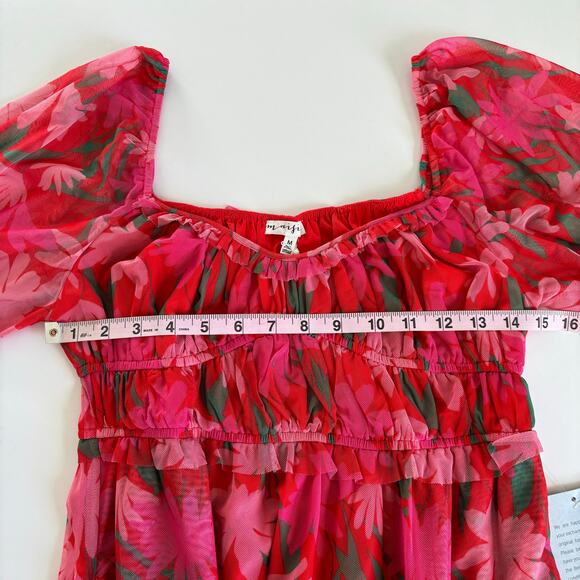 Maisie Red and Pink Floral Print Mesh Midi Dress Women’s Size Medium NWT - Picture 3 of 11